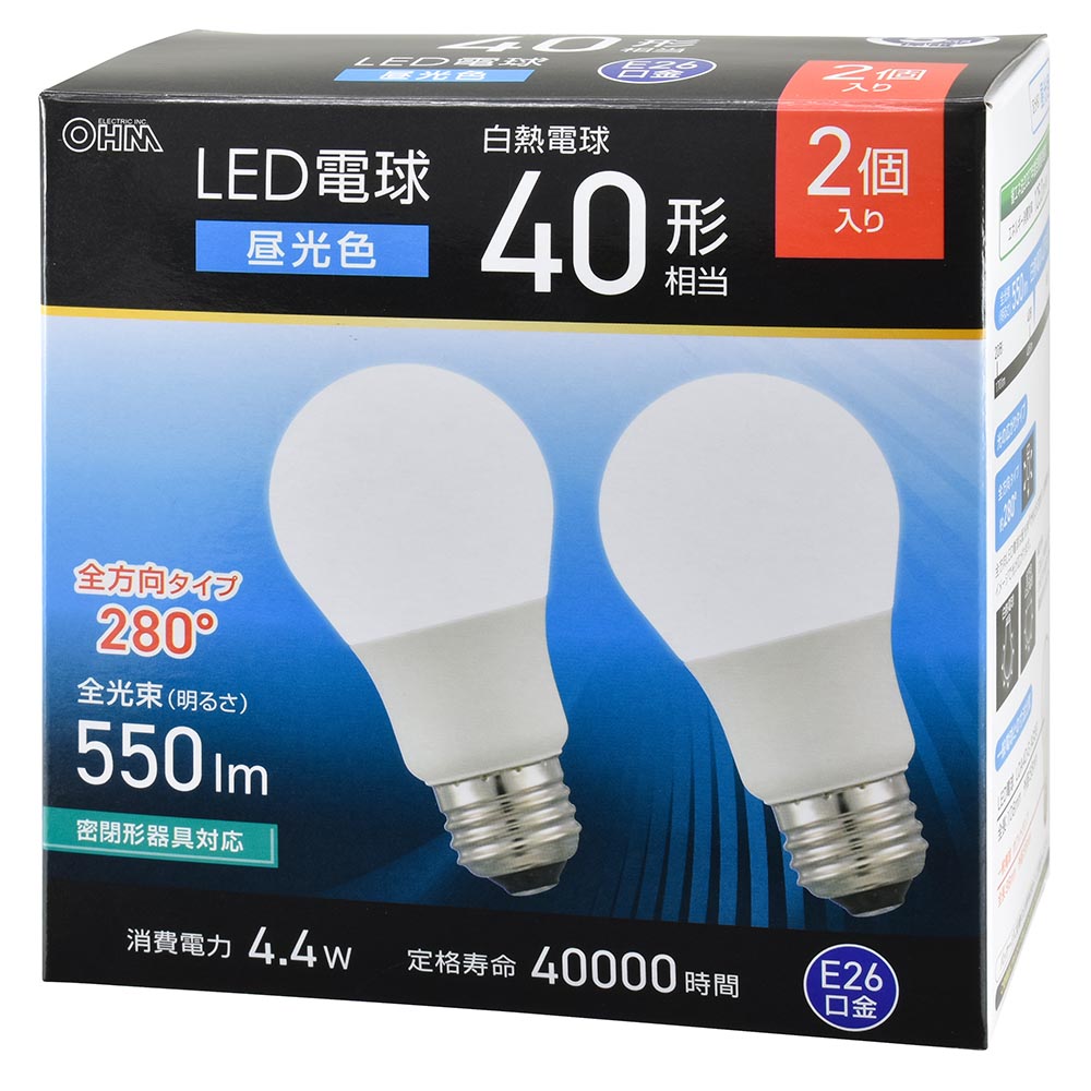 LED電球（40形相当/昼光色/550 lm/4.4W/E26/Ra83/全方向配光280°/密閉形器具対応/2個入）_06-5465_LDA4D-G AG59 2P_OHM（オーム電機）