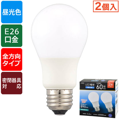 LED電球（60形相当/昼光色/890 lm/6.4W/E26/Ra83/全方向配光280°/密閉形器具対応/2個入）_06-5468_LDA6D-G AG59 2P_OHM（オーム電機）