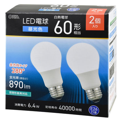 LED電球（60形相当/昼光色/890 lm/6.4W/E26/Ra83/全方向配光280°/密閉形器具対応/2個入）_06-5468_LDA6D-G AG59 2P_OHM（オーム電機）
