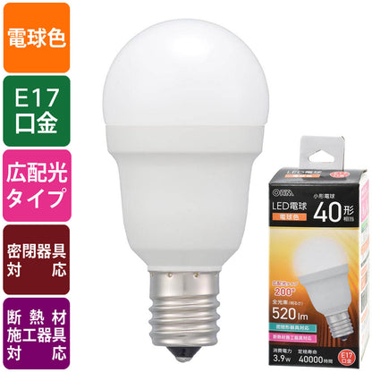 LED電球 小形（40形相当/電球色/520 lm/3.9W/E17/Ra83/広配光200°/密閉形器具対応/断熱材施工器具対応）_06-5472_LDA4L-G-E17 IS53_OHM（オーム電機）