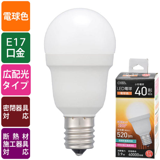 LED電球 小形（40形相当/電球色/520 lm/3.9W/E17/Ra83/広配光200°/密閉形器具対応/断熱材施工器具対応）_06-5472_LDA4L-G-E17 IS53_OHM（オーム電機）