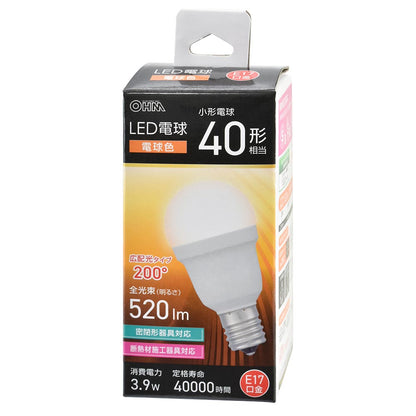 LED電球 小形（40形相当/電球色/520 lm/3.9W/E17/Ra83/広配光200°/密閉形器具対応/断熱材施工器具対応）_06-5472_LDA4L-G-E17 IS53_OHM（オーム電機）