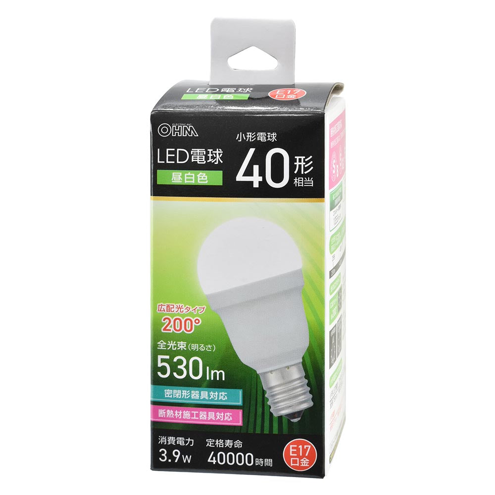LED電球 小形（40形相当/昼白色/530 lm/3.9W/E17/Ra83/広配光200°/密閉形器具対応/断熱材施工器具対応）_06-5473_LDA4N-G-E17 IS53_OHM（オーム電機）