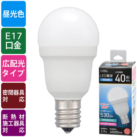 LED電球 小形（40形相当/昼光色/530 lm/3.9W/E17/Ra83/広配光200°/密閉形器具対応/断熱材施工器具対応）_06-5474_LDA4D-G-E17 IS53_OHM（オーム電機）