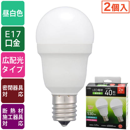 LED電球 小形（40形相当/昼白色/530 lm/3.9W/E17/Ra83/広配光200°/密閉形器具対応/断熱材施工器具対応/2個入）_06-5479_LDA4N-G-E17 IS53 2P_OHM（オーム電機）