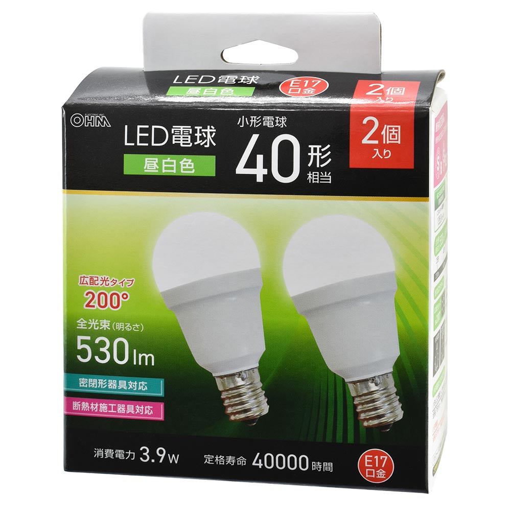 LED電球 小形（40形相当/昼白色/530 lm/3.9W/E17/Ra83/広配光200°/密閉形器具対応/断熱材施工器具対応/2個入）_06-5479_LDA4N-G-E17 IS53 2P_OHM（オーム電機）