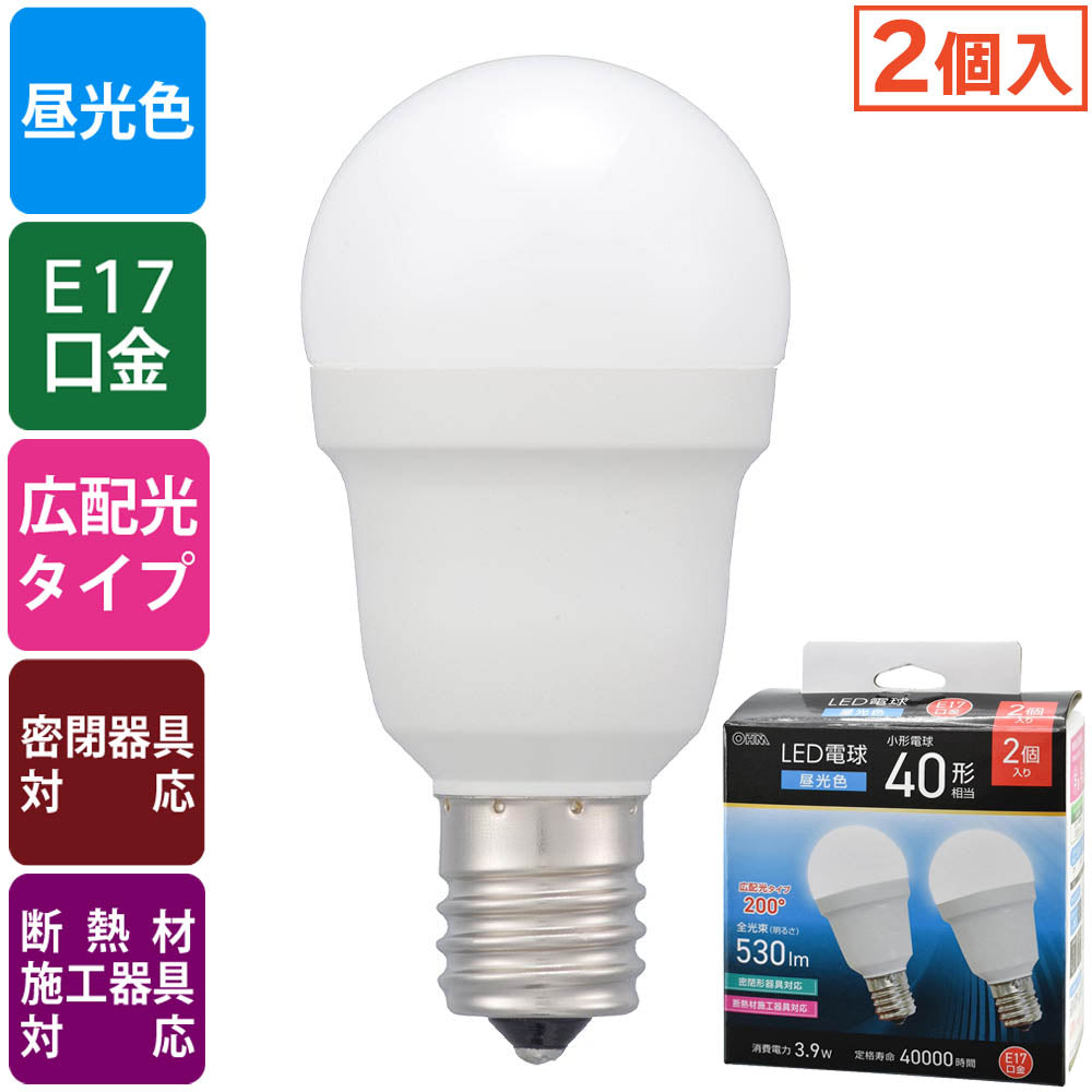 LED電球 小形（40形相当/昼光色/530 lm/3.9W/E17/Ra83/広配光200°/密閉形器具対応/断熱材施工器具対応/2個入）_06-5480_LDA4D-G-E17 IS53 2P_OHM（オーム電機）