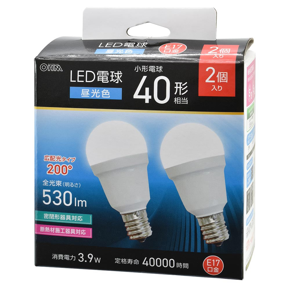 LED電球 小形（40形相当/昼光色/530 lm/3.9W/E17/Ra83/広配光200°/密閉形器具対応/断熱材施工器具対応/2個入）_06-5480_LDA4D-G-E17 IS53 2P_OHM（オーム電機）
