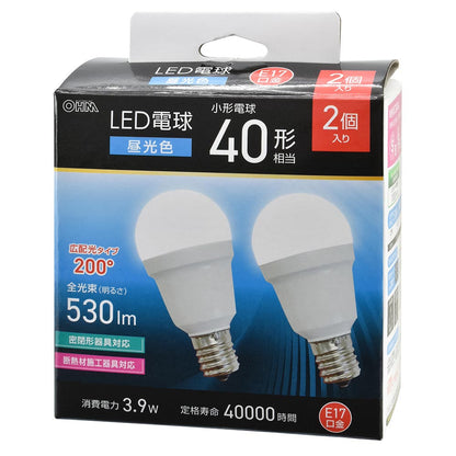 LED電球 小形（40形相当/昼光色/530 lm/3.9W/E17/Ra83/広配光200°/密閉形器具対応/断熱材施工器具対応/2個入）_06-5480_LDA4D-G-E17 IS53 2P_OHM（オーム電機）