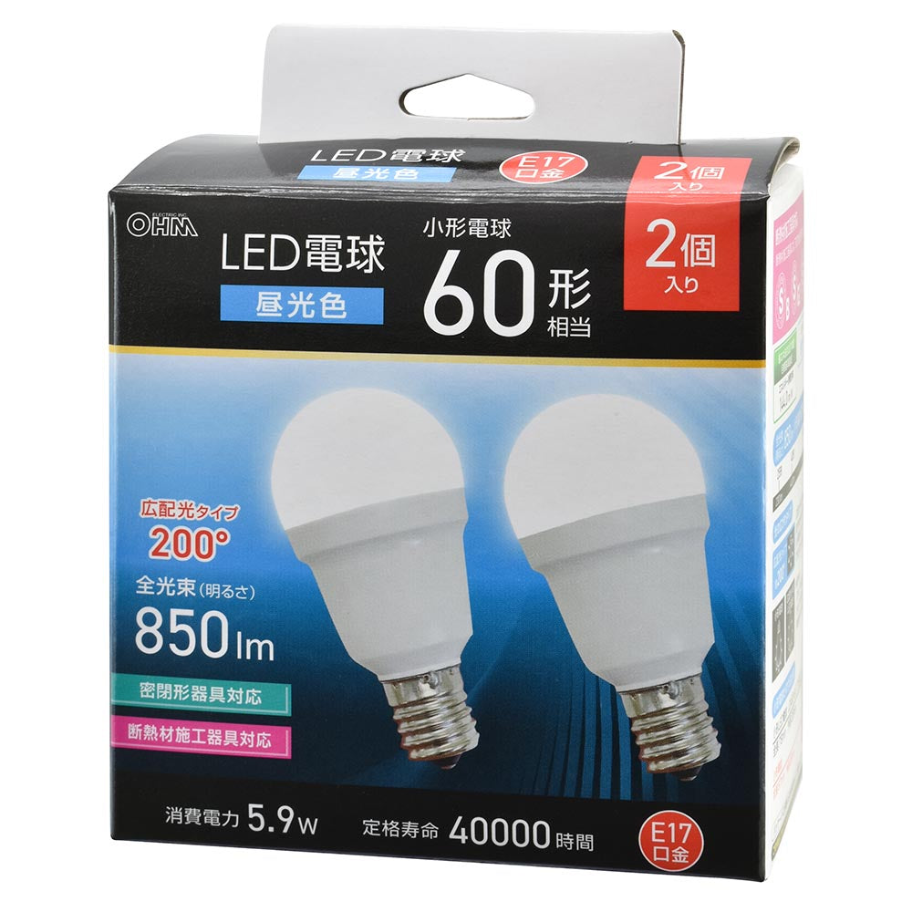 LED電球 小形（60形相当/昼光色/850 lm/5.9W/E17/Ra83/広配光200°/密閉形器具対応/断熱材施工器具対応/2個入）_06-5483_LDA6D-G-E17 IS53 2P_OHM（オーム電機）