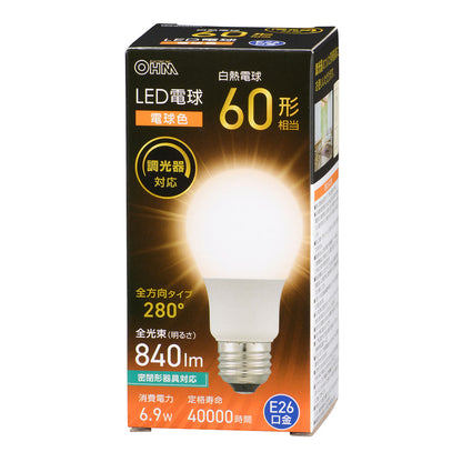 LED電球（60形相当/電球色/840 lm/6.9W/E26/全方向配光280°/調光器対応/密閉形器具対応）_06-5486_LDA7L-G/D AG5_OHM（オーム電機）