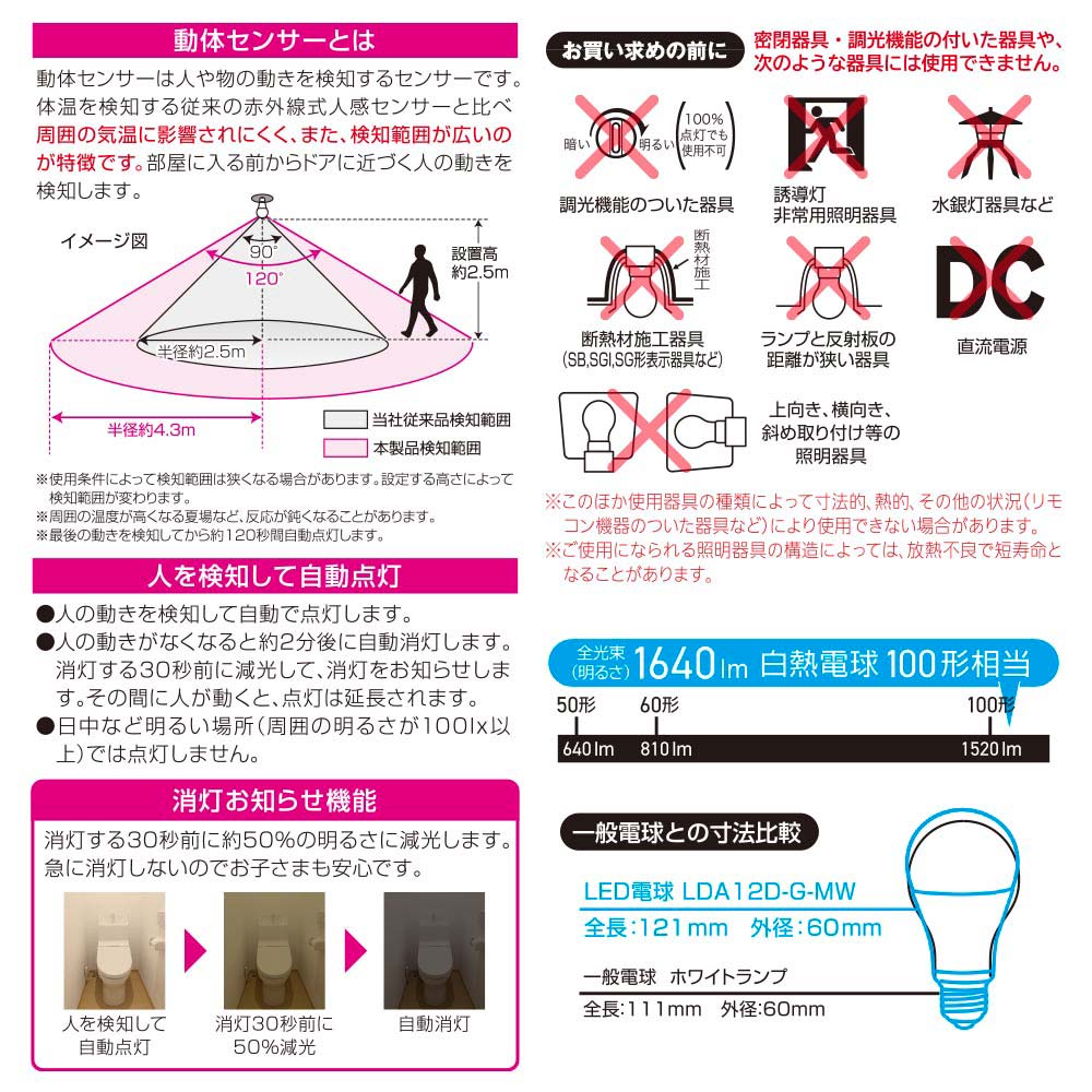 LED電球（100形相当/動体・明暗センサー付/下向き器具専用/昼光色/1640 lm/E26/11.8W）_06-5586_LDA12D-G-MW_OHM（オーム電機）