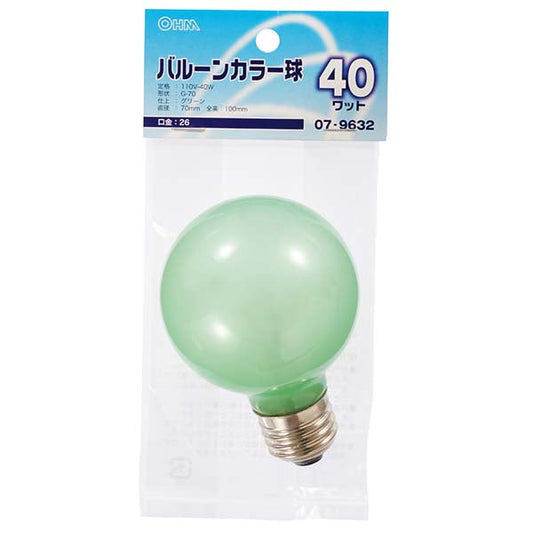 【納期約2週間】LB-G7640-BG バルーンカラー球（40W/グリーン/G70/E26） OHM（オーム電機）