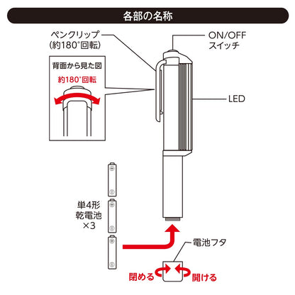 アルミ作業ライト（COB LED/ペンクリップ付/照射角度50°/単4形×3本使用/昼光色/150 lm/連続使用7時間）_08-0880_SL-W180R6C_OHM（オーム電機）