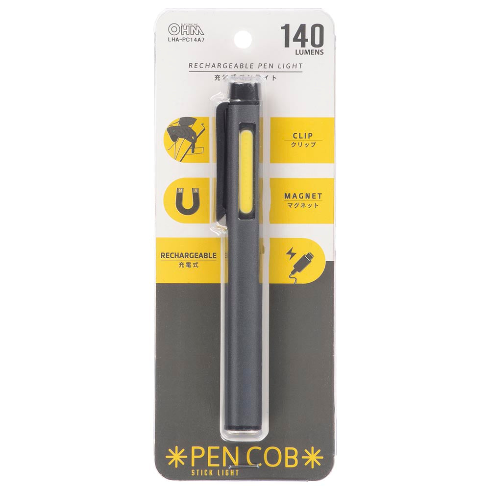 COB付きUSB充電式ペンライト（白色LED/120lm LED灯、140lm COB High/連続点灯 LED灯 2.5時間、COB Low 7時間）_08-0939_LHA-PC14A7_OHM（オーム電機）