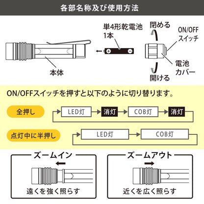 2WAYペンライト（COB＆LED/65 lm/ZOOM付/単4形×1本使用）_08-0940_LHA-PZ07A7_OHM（オーム電機）