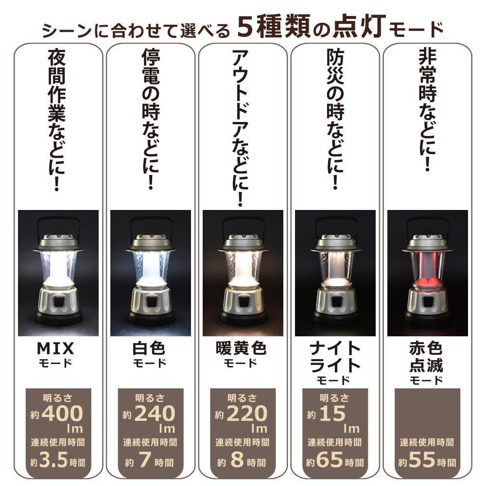 LEDランタン（400 lm MIX/連続使用65時間 ナイトライト/単3形×4本使用/保護等級 IPX4）_08-1046_LNP-B400-CG_OHM（オーム電機）