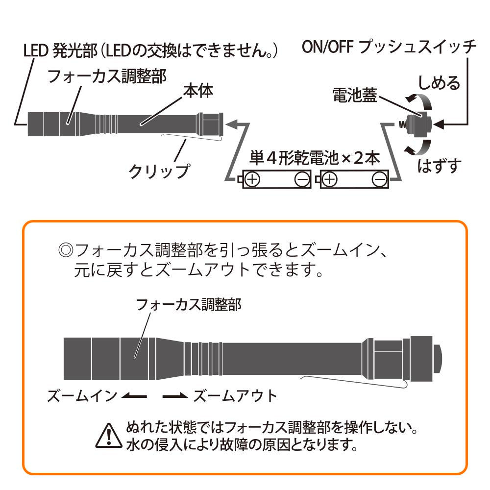 LEDフラッシュライトSLIM（235 lm/連続使用MAX3.5h/保護等級IPX6/単4形×2本使用/ブラック）_08-1073_LH-VB02Z-K_OHM（オーム電機）