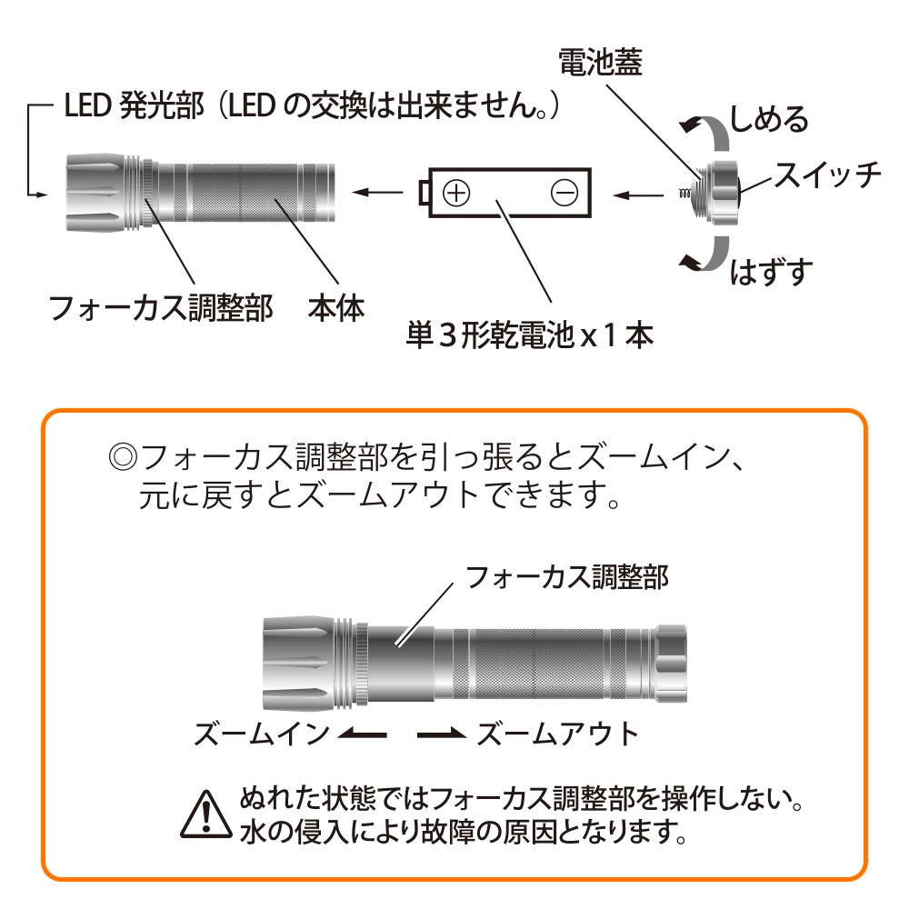 LEDフラッシュライト（200 lm/連続使用MAX15h/保護等級IPX6/単3形×1本使用/ブラック）_08-1074_LH-VB200Z-K_OHM（オーム電機）