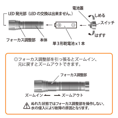 LEDフラッシュライト（200 lm/連続使用MAX15h/保護等級IPX6/単3形×1本使用/ブラック）_08-1074_LH-VB200Z-K_OHM（オーム電機）