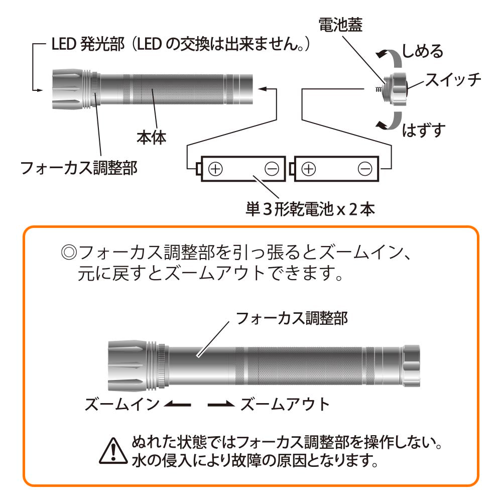 LEDフラッシュライト（500 lm/連続使用MAX10h/保護等級IPX6/単3形×2本使用/ブラック）_08-1075_LH-VB500Z-K_OHM（オーム電機）