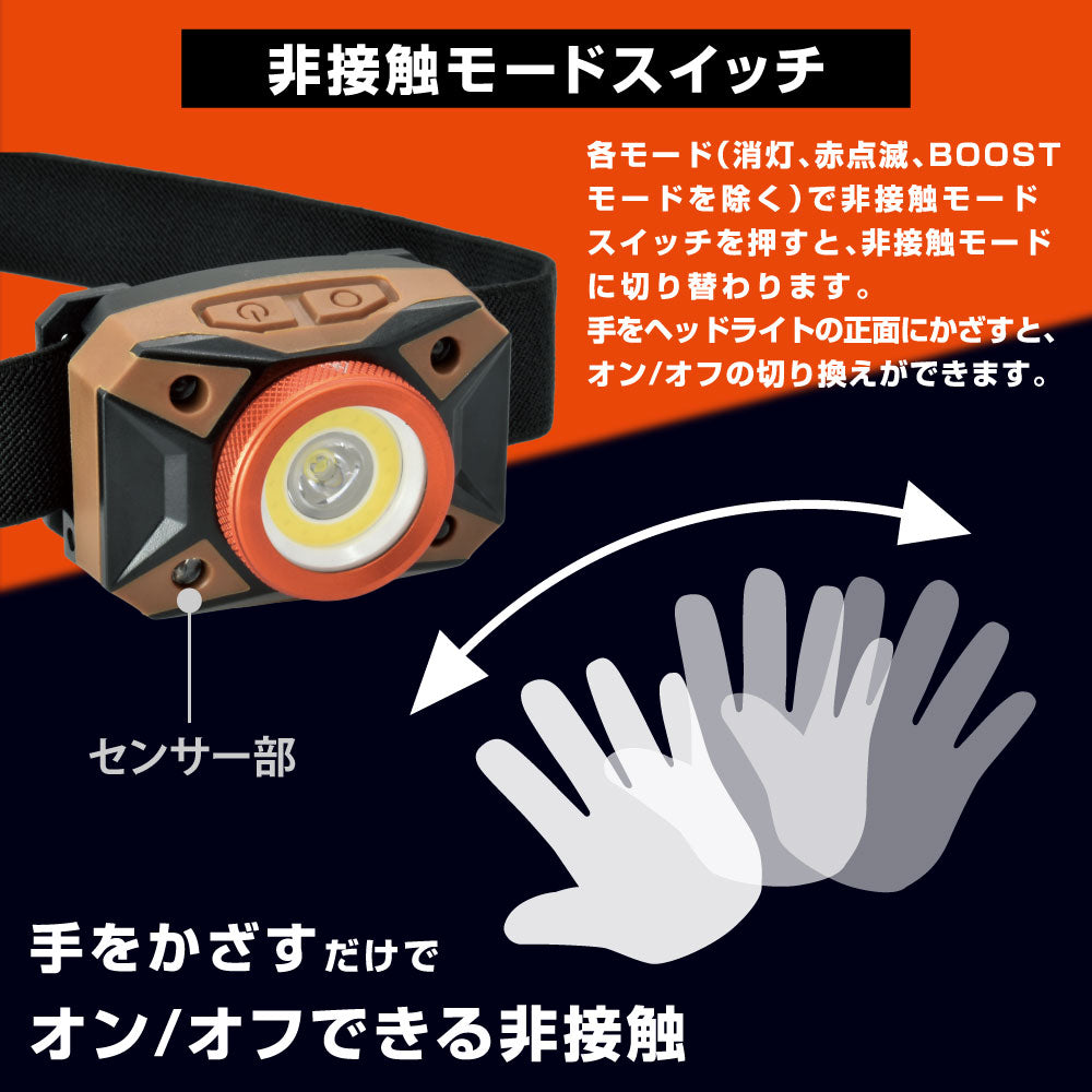 充電式LEDヘッドライト（940 lm/非接触センサー/IPX4）_08-1080_LC-VR940-KD_OHM（オーム電機）