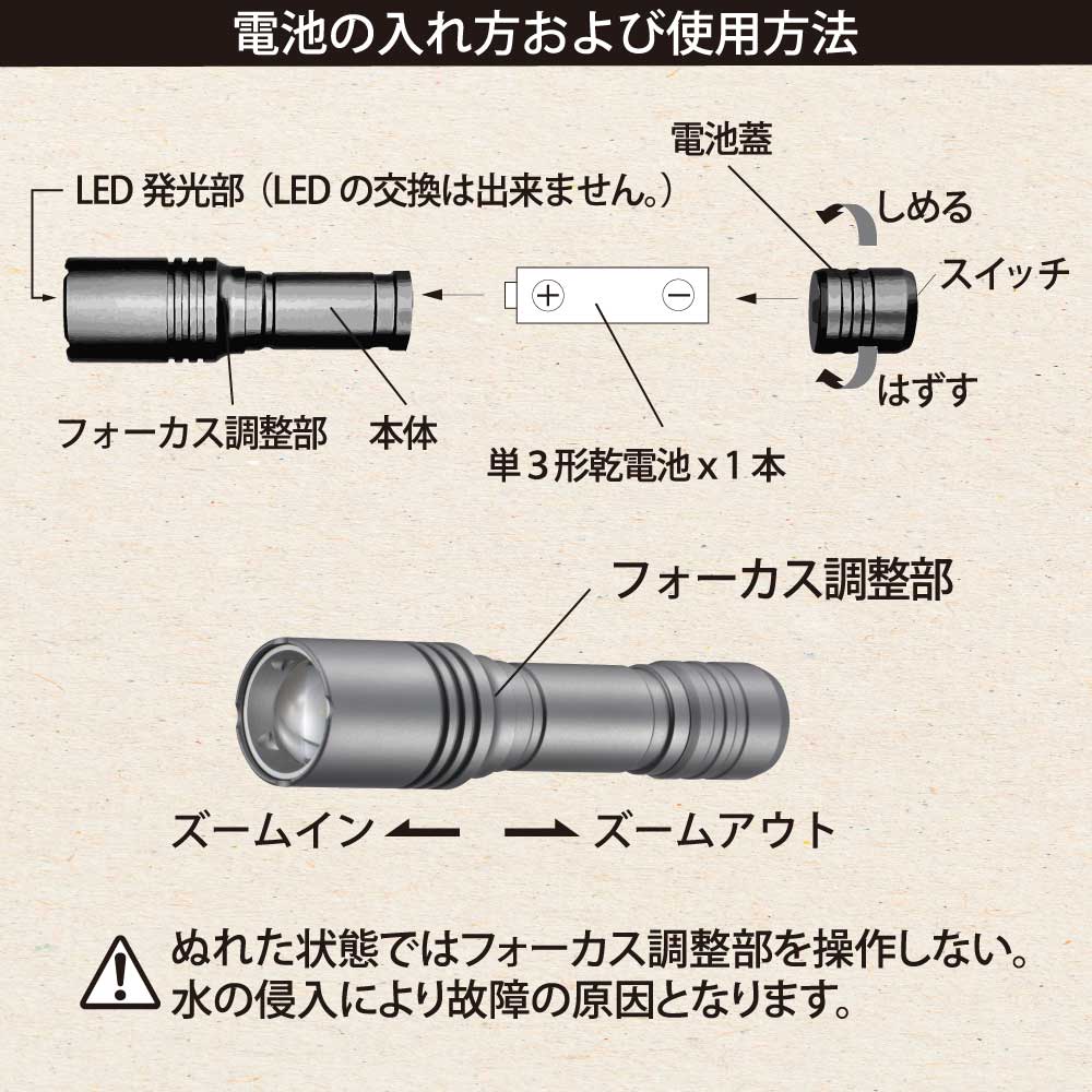 LEDフラッシュライト（400 lm/連続使用2.5ー12時間/保護等級IPX4/単3形×1本使用）_08-1092_LHA-VX2A1-MS_OHM（オーム電機）