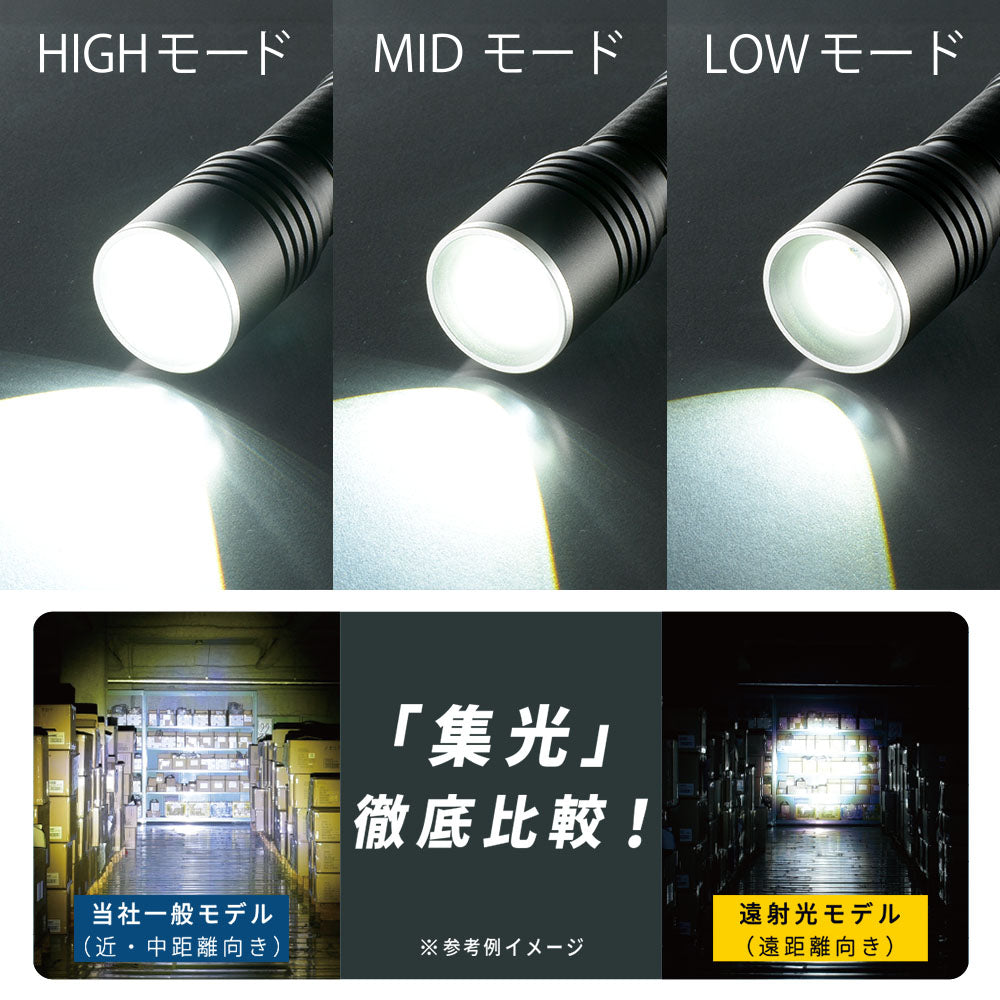 遠射光LEDフラッシュライト（照射距離403m/525 lm/連続使用2.5ー20時間/保護等級IPX4/単4形×3本使用）_08-1356_LHA-LD3A3F-K_OHM（オーム電機）