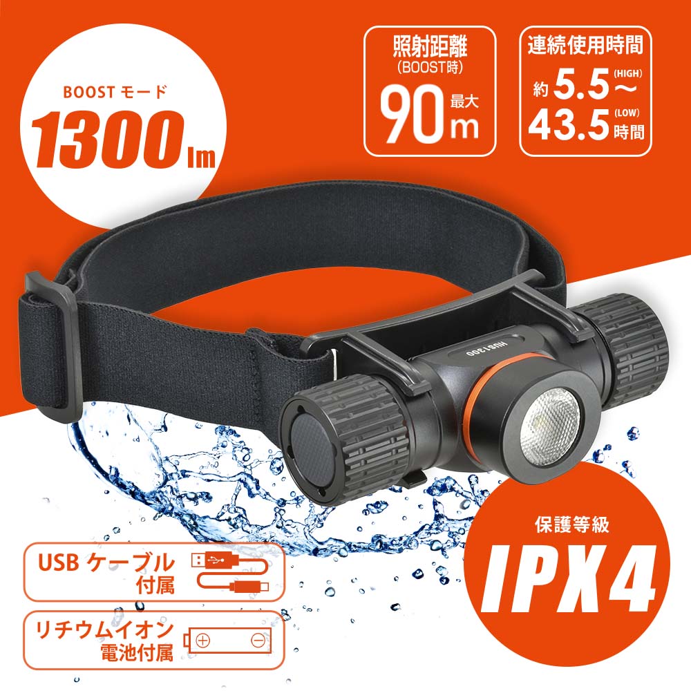 充電式ヘッドライト（保護等級IPX4/リチウムイオン電池付属）_08-1394_LC-HUS1300-K_OHM（オーム電機）