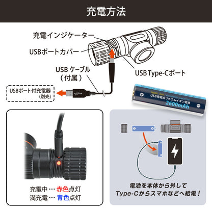 充電式ヘッドライト（保護等級IPX4/リチウムイオン電池付属）_08-1394_LC-HUS1300-K_OHM（オーム電機）