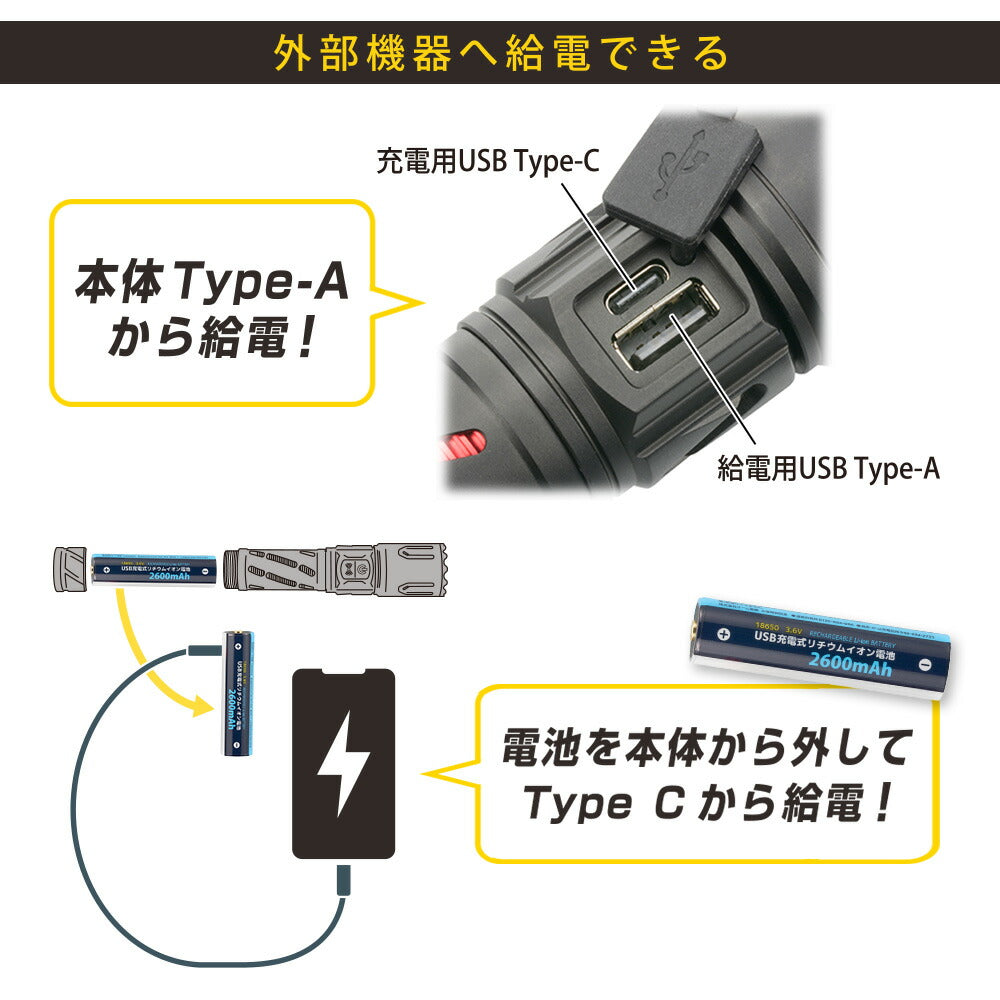 ブザー付LEDライト（大音量ブザー 80dB/920 lm/連続使用2時間/3段階調光/USB充電/保護等級IPX2）_08-1395_LH-CS920Z-K_OHM（オーム電機）