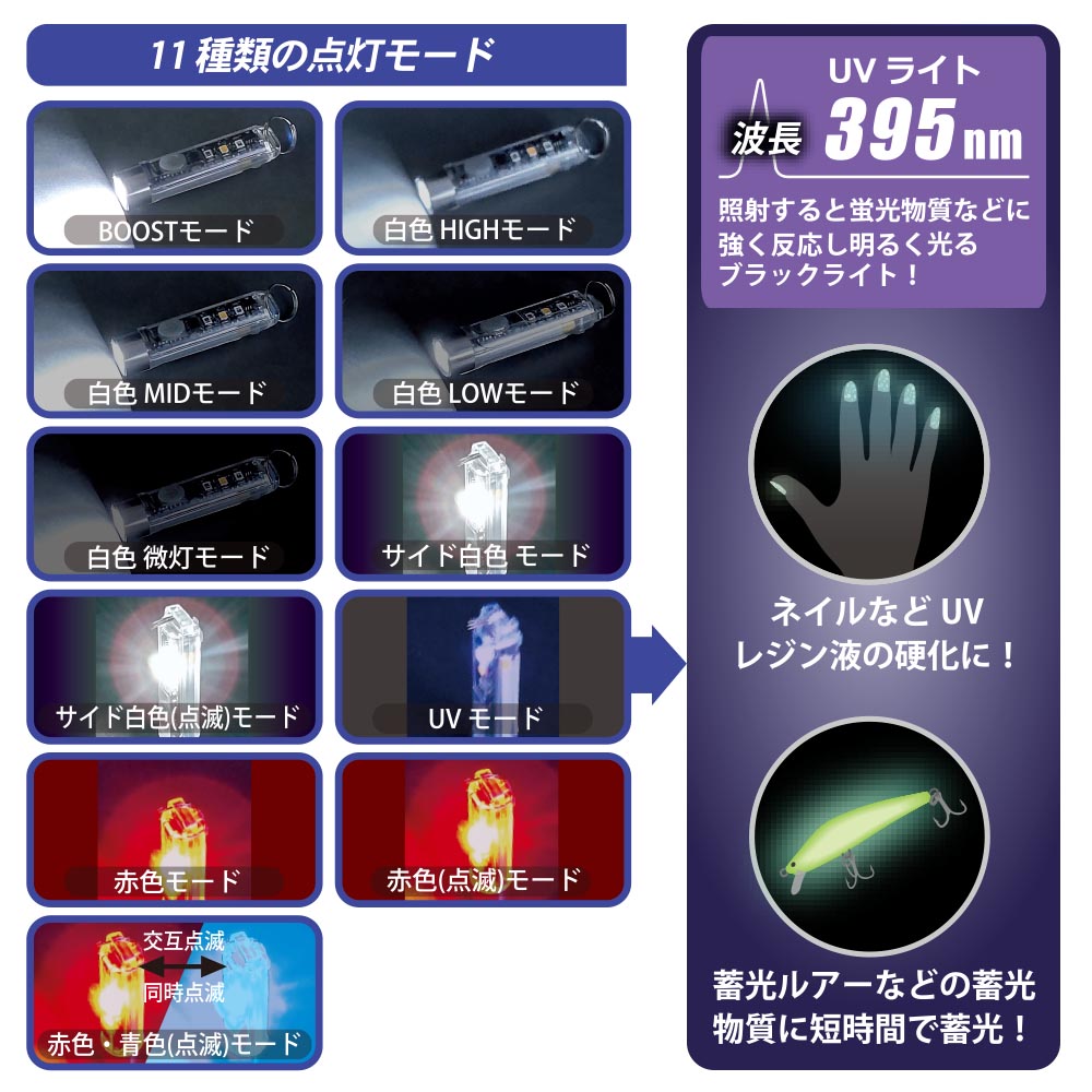 充電式キーライト（点灯モード11種類/保護等級 IPX4/USB充電式/キーリング付）_08-1396_LH-MR139UV_OHM（オーム電機）