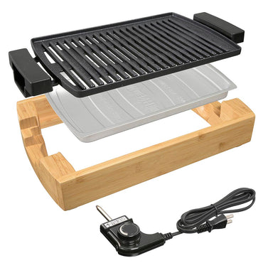 ミニグリルプレート（ダイヤル式温度調整/1000W/保温機能付き/本体は竹素材）_08-1463_COK-YHP100A-M_OHM（オーム電機）