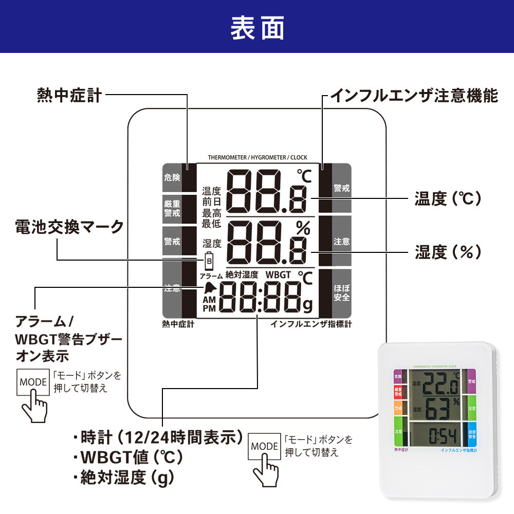 デジタル温湿度計（警告ブザー設定機能付/単4形×2本付属/ホワイト）_08-1531_TEM-B308-W_OHM（オーム電機）