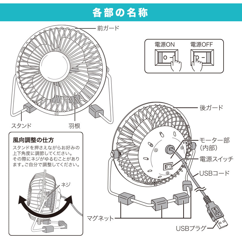 マグネットファン（USB電源/4枚羽根/風向調整/2W/コード長1.1m/ホワイト）_08-1612_KIS-U10TPMM-W_OHM（オーム電機）