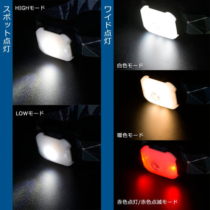 充電式マルチヘッドライト（USB充電 Type-C/スポット2段階調光/ワイド2段階調色/270 lm/連続点灯3～13時間/保護等級IPX4）_08-1665_LC-C27A7_OHM（オーム電機）