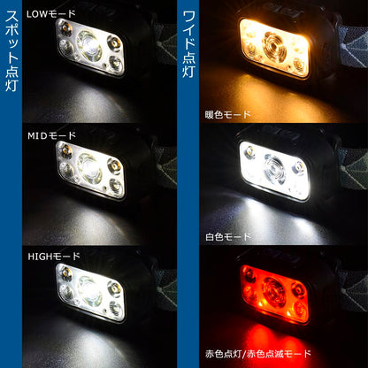 充電式ヘッドライト（USB充電 Type-C/540 lm/スポット3段階調光/ワイド2段階調色/ヘッド部角度調整/連続点灯3～8時間/保護等級IPX4）_08-1666_LC-C54A7_OHM（オーム電機）