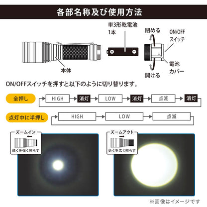 クリップ付きズームライト（105 lm/連続点灯1.5～12時間/保護等級IPX4/単3形×1本使用）_08-1667_LHA-PZ11A7_OHM（オーム電機）