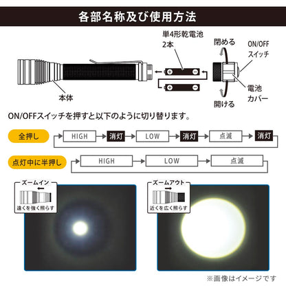 クリップ付きズームライト（240 lm/連続点灯2～4.5時間/保護等級IPX4/単4形×2本使用）_08-1668_LHA-PZ24A7_OHM（オーム電機）
