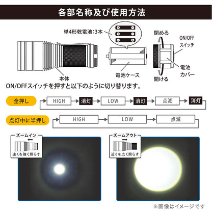 クリップ付きズームライト（480 lm/連続点灯3.5~12時間/保護等級IPX4/単4形×3本使用）_08-1670_LHA-PZ48A7_OHM（オーム電機）