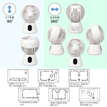 3Dサーキュレーター（静音・節電DCモーター/～20畳/風量12段階調節/左右360°、上下約90°自動首振り/モード切替3段階/切タイマー8段階/コード1.5m/リモコン付）_08-1702_FF-KT2513DC-W_OHM（オーム電機）