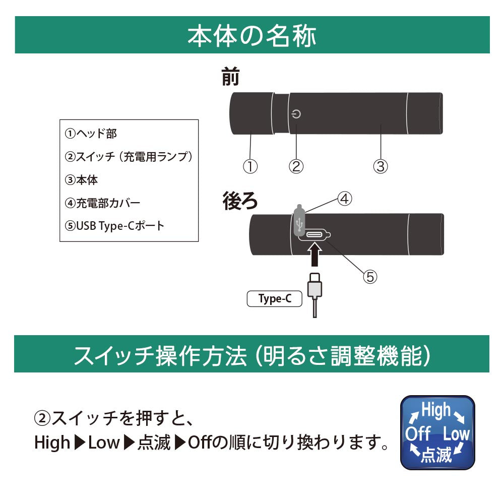 充電式LEDライト（ズーム機能/USB充電式/防水保護IPX3/連続点灯3時間 Low/180 lm High/白色LED）_08-1720_LH-C18B5_OHM（オーム電機）
