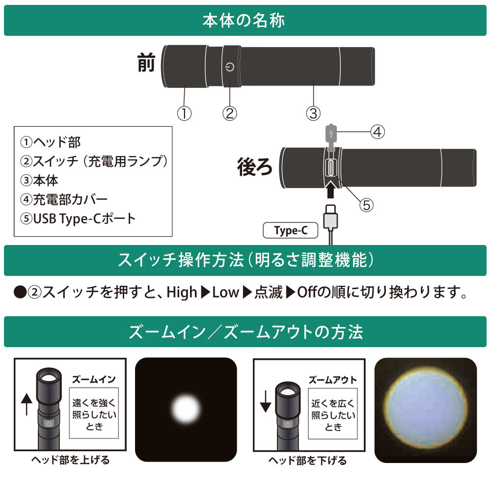 充電式LEDライト（USB-C充電式/420 lm/連続点灯11時間 Low/保護等級IPX4/ブラック）_08-1721_LH-C42B5_OHM（オーム電機）