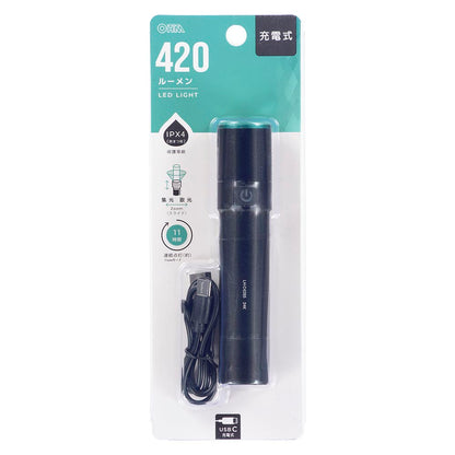 充電式LEDライト（USB-C充電式/420 lm/連続点灯11時間 Low/保護等級IPX4/ブラック）_08-1721_LH-C42B5_OHM（オーム電機）
