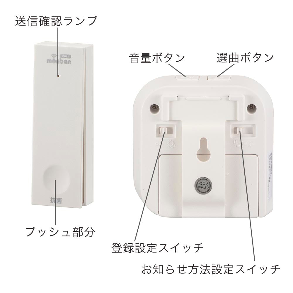 monban CUBE II ワイヤレスチャイムセット 自家発電式押しボタン送信機＋バイブレーション受信機_08-1900_OCH-ECOT-BBR25_OHM（オーム電機）