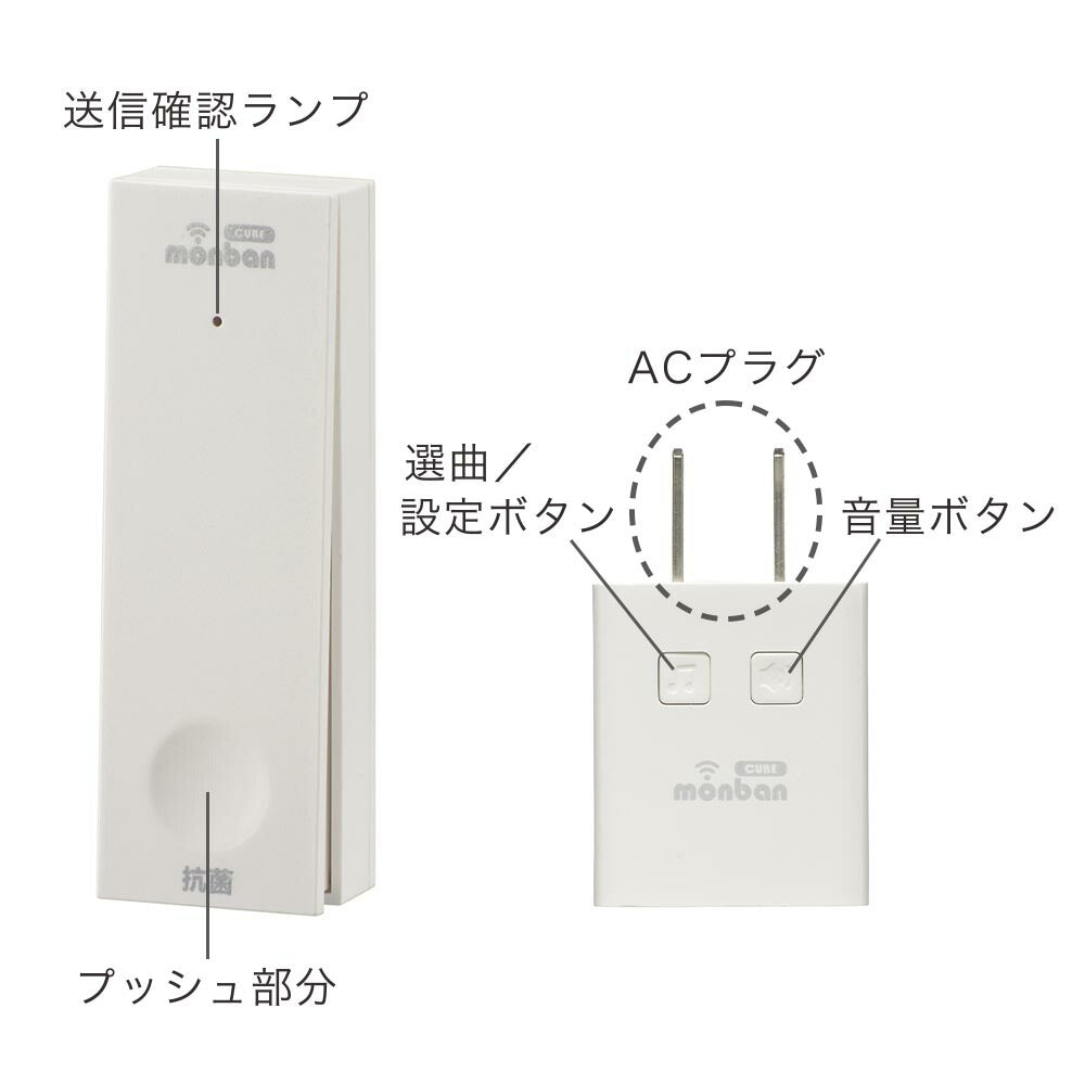 monban CUBE II ワイヤレスチャイムセット 自家発電式押しボタン送信機＋MINI電池レスAC電源式受信機_08-1901_OCH-ECOT-MINIACR25_OHM（オーム電機）