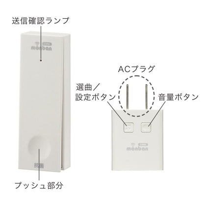 monban CUBE II ワイヤレスチャイムセット 自家発電式押しボタン送信機＋MINI電池レスAC電源式受信機_08-1901_OCH-ECOT-MINIACR25_OHM（オーム電機）