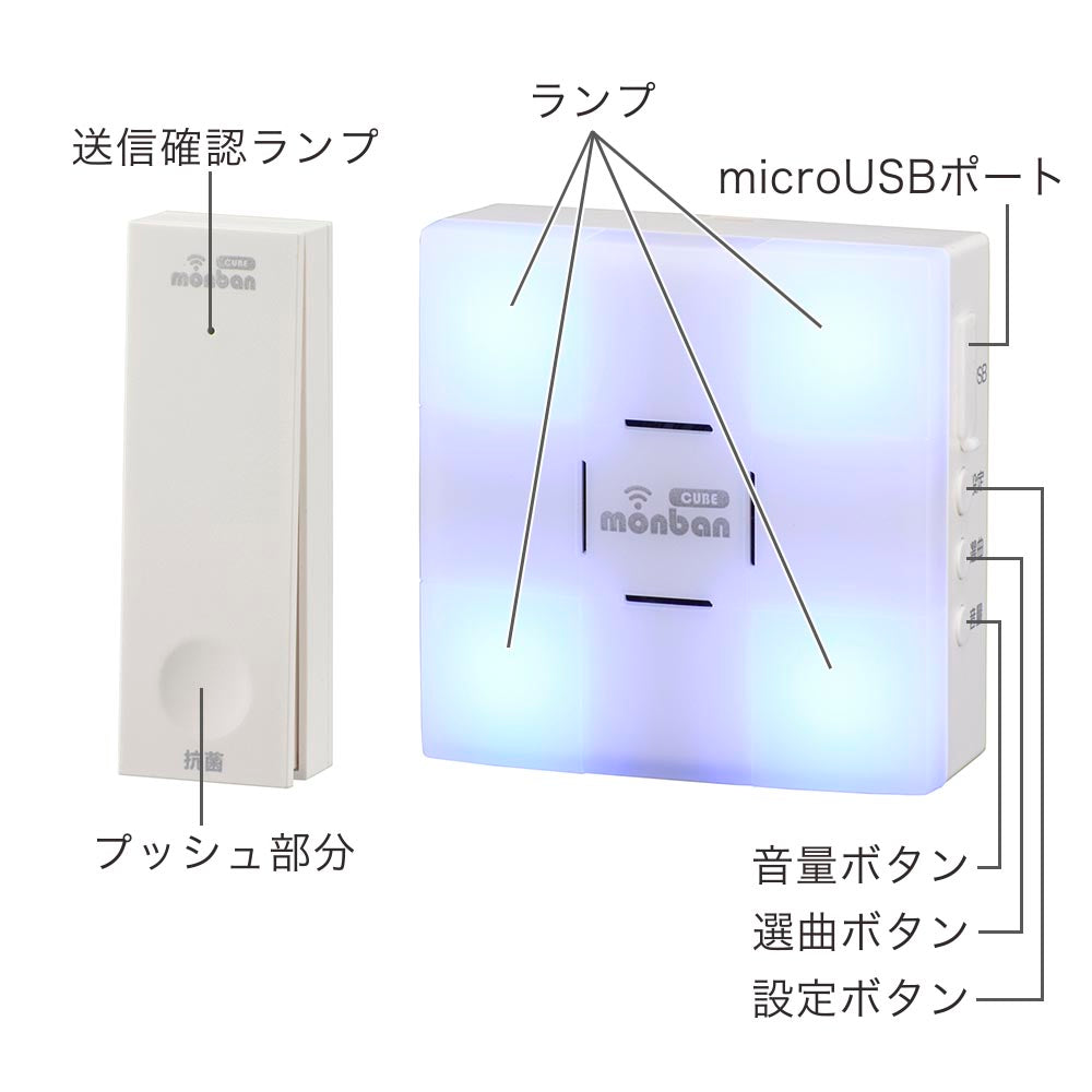 monban CUBE II ワイヤレスチャイムセット 自家発電式押しボタン送信機＋光フラッシュ電池式受信機_08-1902_OCH-ECOT-FBR25_OHM（オーム電機）