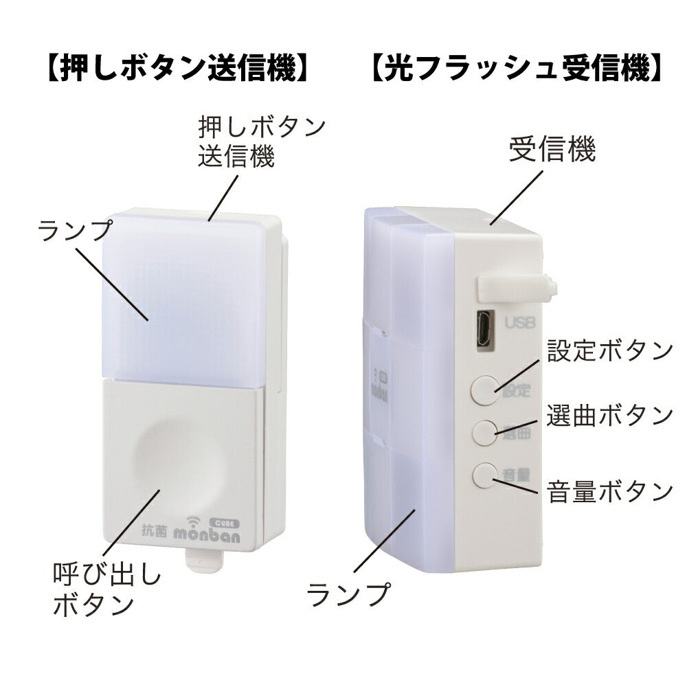 monban CUBE II ワイヤレスチャイムセット 押しボタン送信機＋光フラッシュ電池式受信機_08-1903_OCH-BPT-FBR25_OHM（オーム電機）