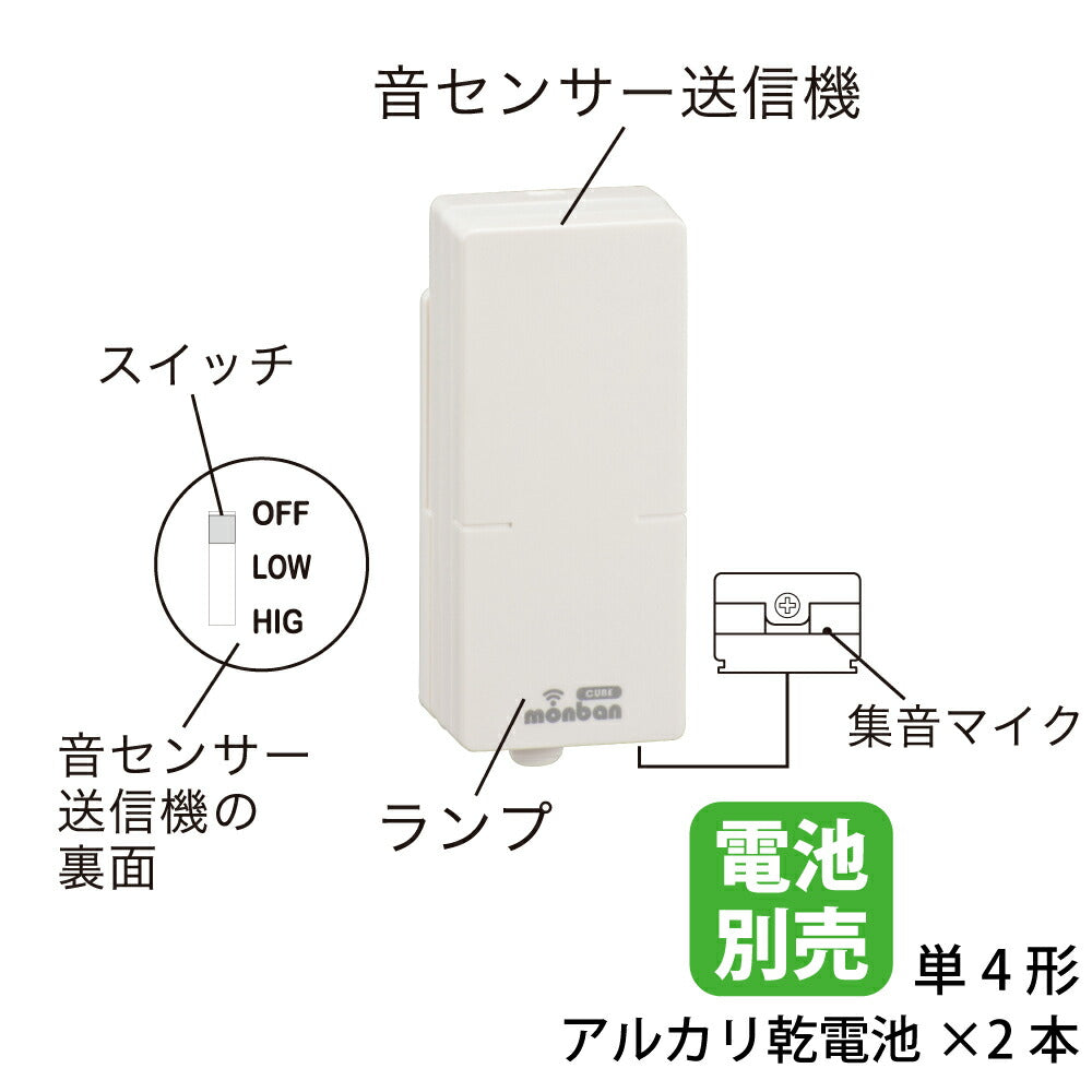 monban CUBE II 音センサー送信機（増設用/単4形×2本使用）_08-1912_OCH-VOST25_OHM（オーム電機）